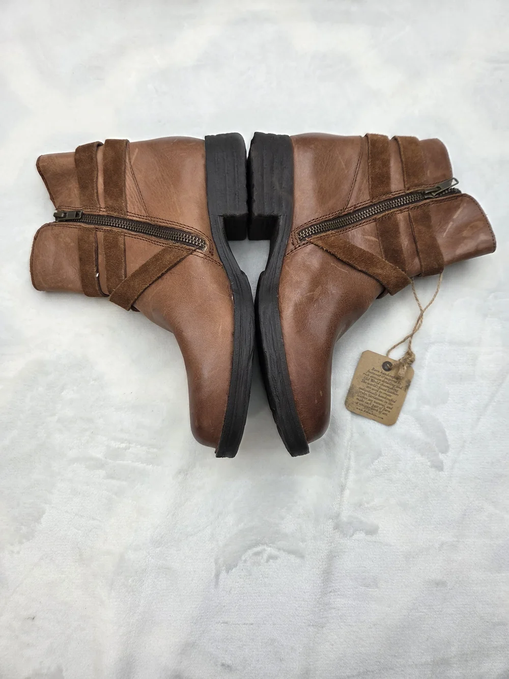 Born Leather Fringe Wrap Ankle Boots Brown‎ Side Zip Booties Women's Size 6.5M